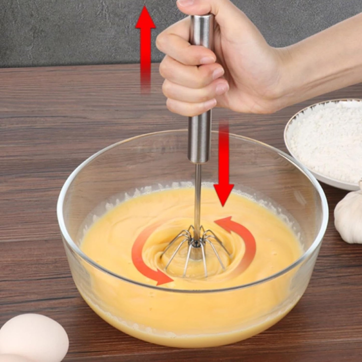 Medium Stainless Steel Egg Whisk Hand Push Rotary Whisk Blender (1 Pc 30 Cm)