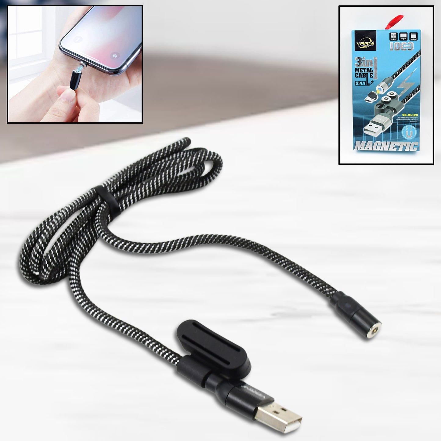 0301 3 In 1 Magnetic Usb Charging Cable Usb-c Android And Lightning With Extra Protecting Nylon Strong Magnetic Cable With Full Rotation Support Fast Charging