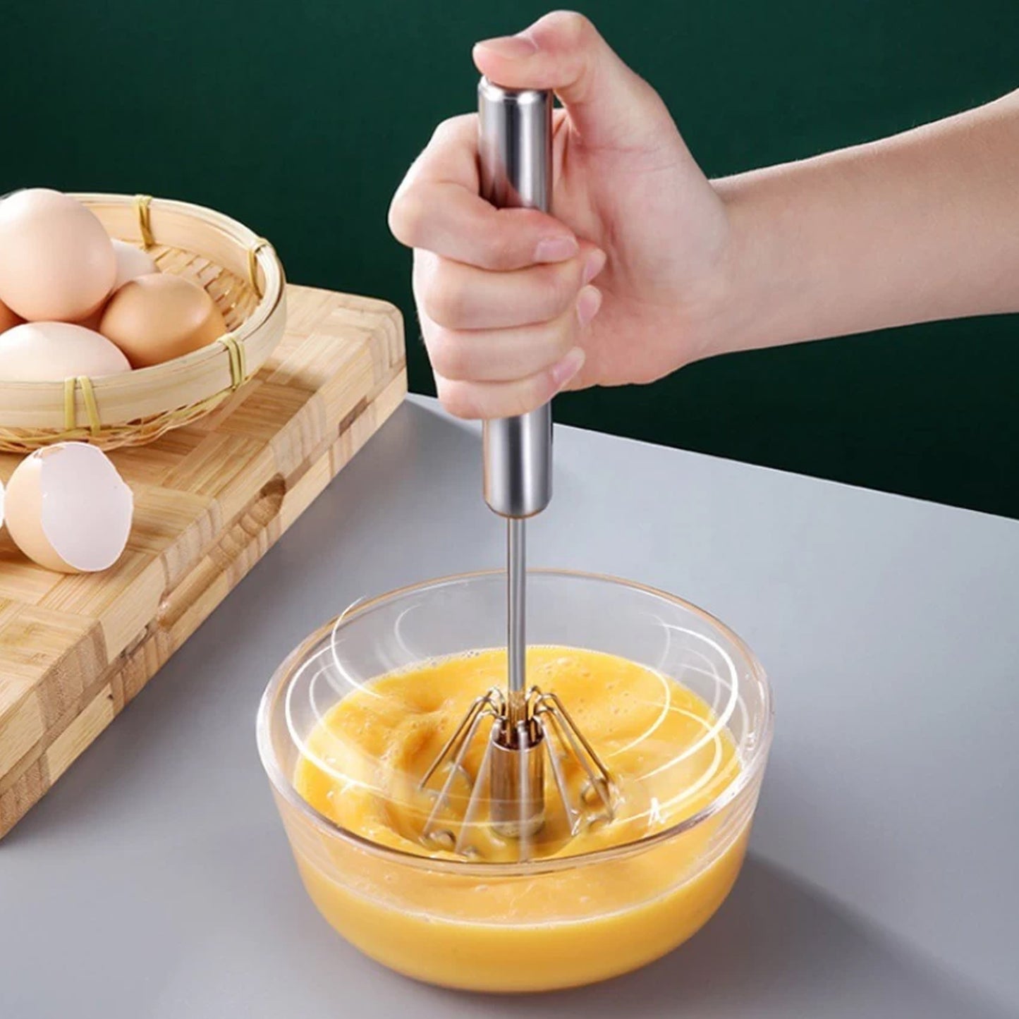 Medium Stainless Steel Egg Whisk Hand Push Rotary Whisk Blender (1 Pc 30 Cm)