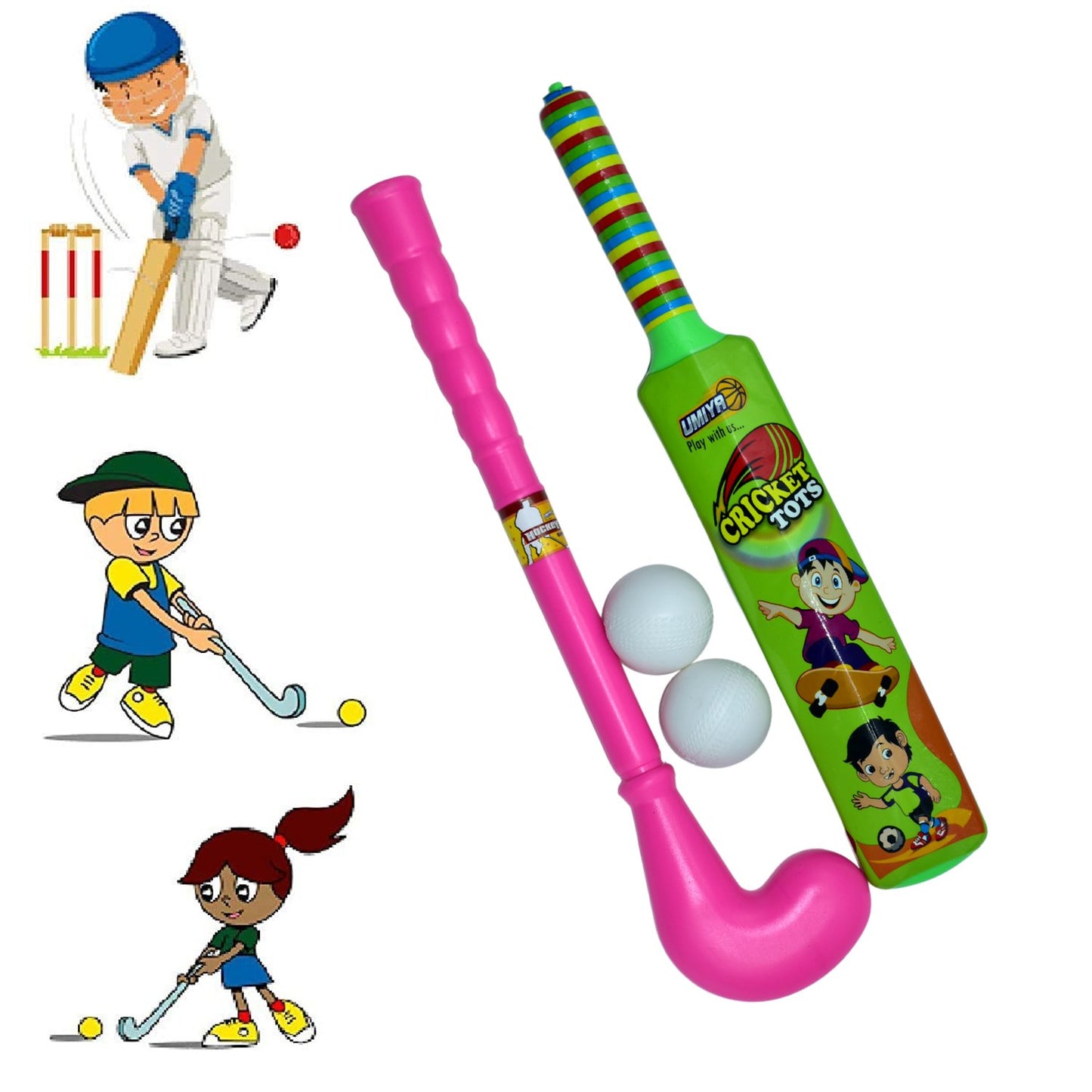 8002 Combo Of Light Weight Plastic Bat Ball Hockey For Kids Boys Indoor Outdoor Play