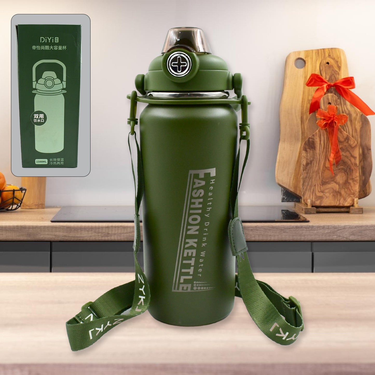 13039 Liter Stainless Steel Water Bottle With Straw Strap Handle Vacuum Insulated Thermos Flask Double-walled Coffee Thermos Flask Leak-proof Water Bottle For Sports Fitness Gym (1500ml)