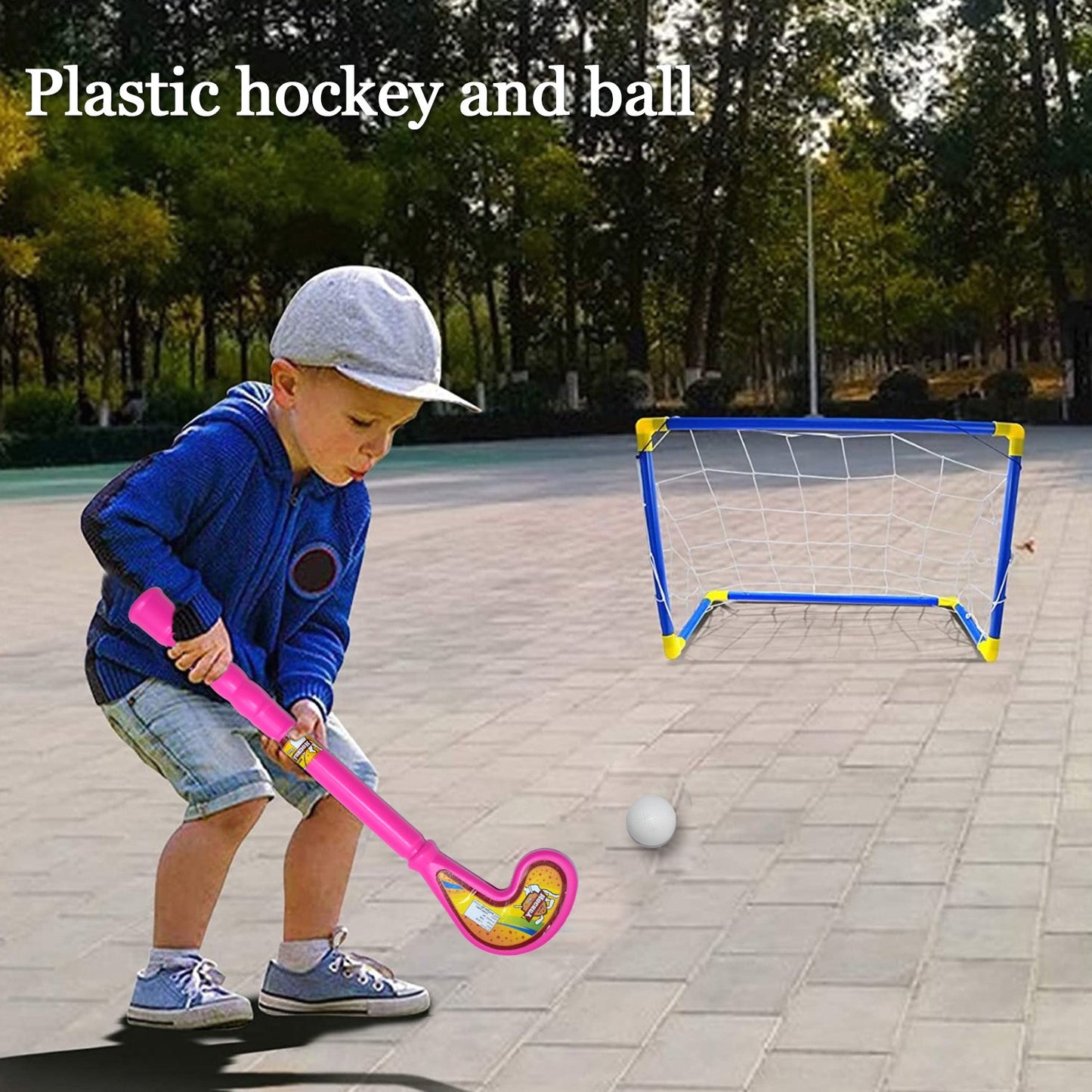 8002 Combo Of Light Weight Plastic Bat Ball Hockey For Kids Boys Indoor Outdoor Play