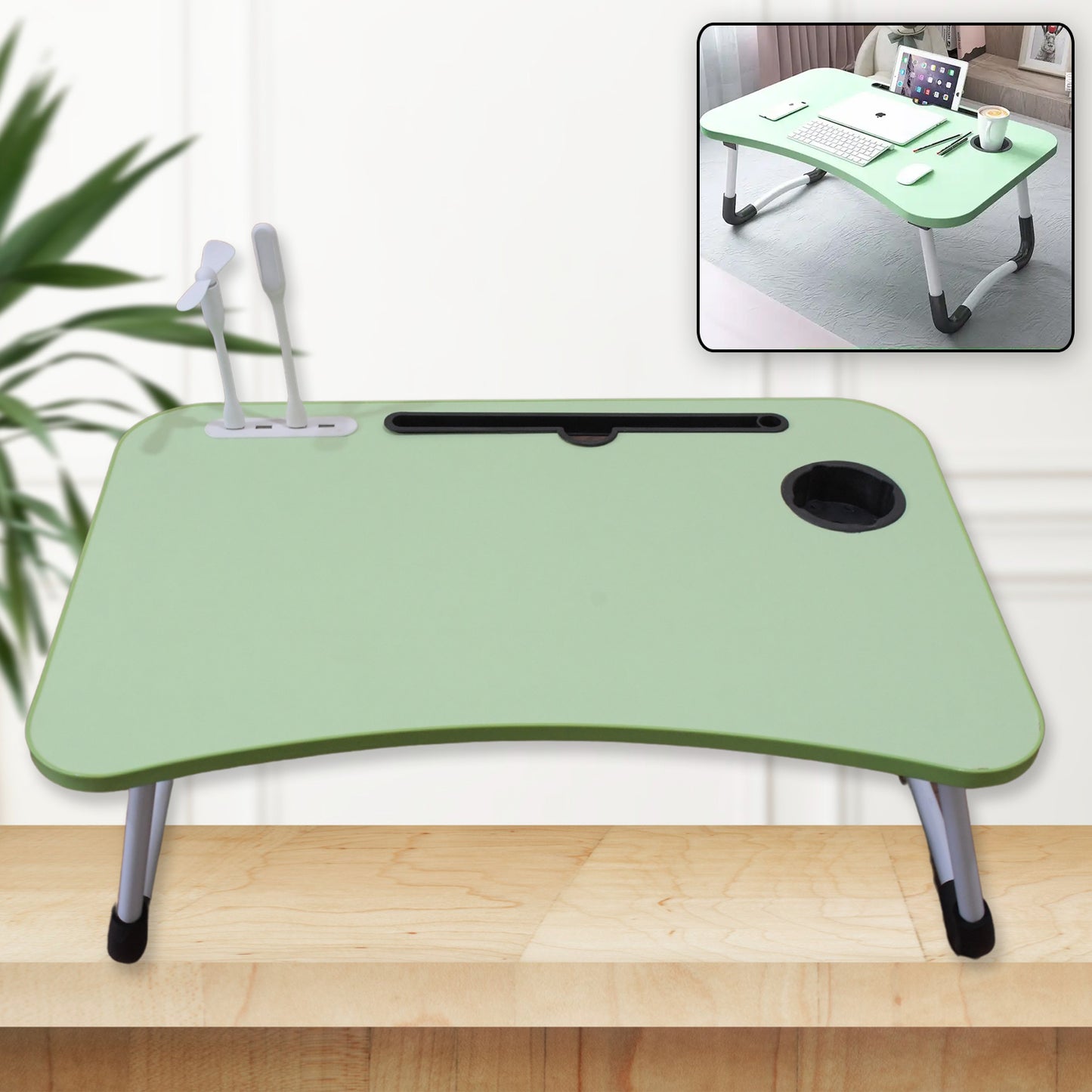 7892 Multipurpose Study Table Foldable Portable Notebook Bed Lap Desk Tray Stand Reading Holder With Coffee Cup Slot Drawer Fan Usb Cable Light For Breakfast Reading Movie Watching (1 Pc Mix Color)