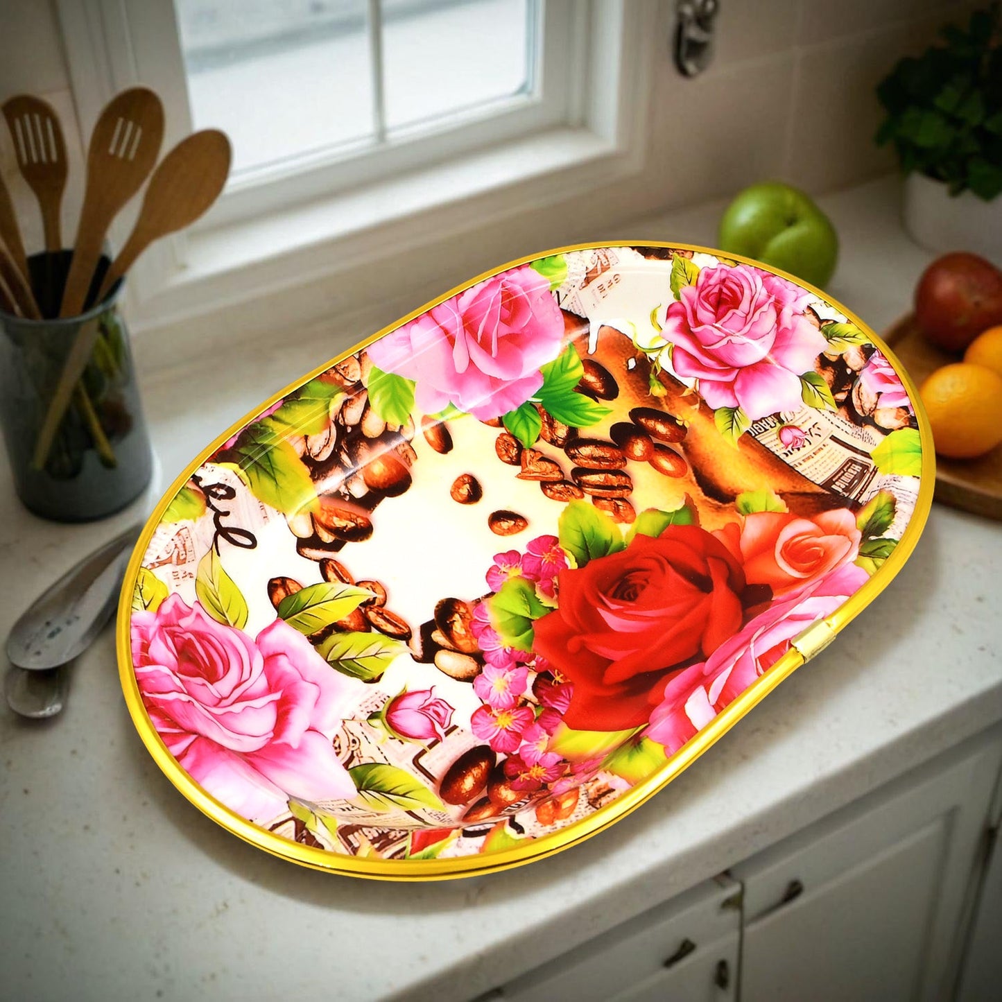Small Plastic Flower Printed Design Serving Tray (1 Pc 27 X 18 Cm)
