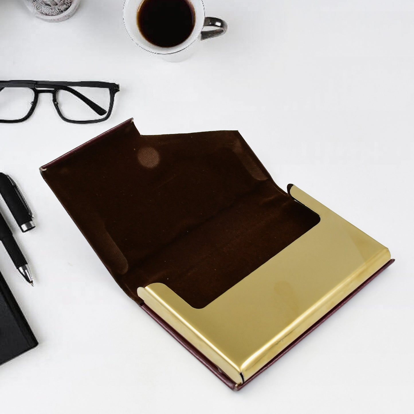 Leather Professional Business Visiting Card Case With Luxury Ballpoint Blue Pens (2 Pc Set With Gift Box)