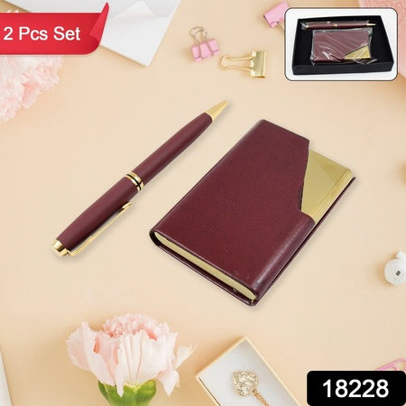 Leather Professional Business Visiting Card Case With Luxury Ballpoint Blue Pens (2 Pc Set With Gift Box)