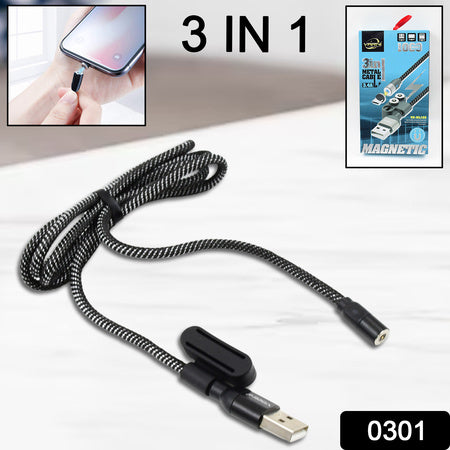 0301 3 In 1 Magnetic Usb Charging Cable Usb-c Android And Lightning With Extra Protecting Nylon Strong Magnetic Cable With Full Rotation Support Fast Charging