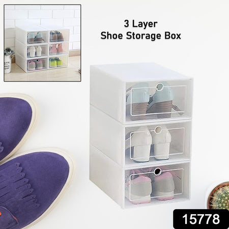 3 Layer Transparent Shoes Storage Box Plastic Stackable Shoe Storage (1 Set 3 Layer)