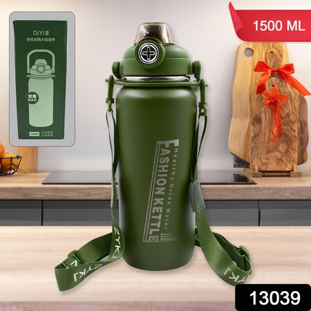 13039 Liter Stainless Steel Water Bottle With Straw Strap Handle Vacuum Insulated Thermos Flask Double-walled Coffee Thermos Flask Leak-proof Water Bottle For Sports Fitness Gym (1500ml)