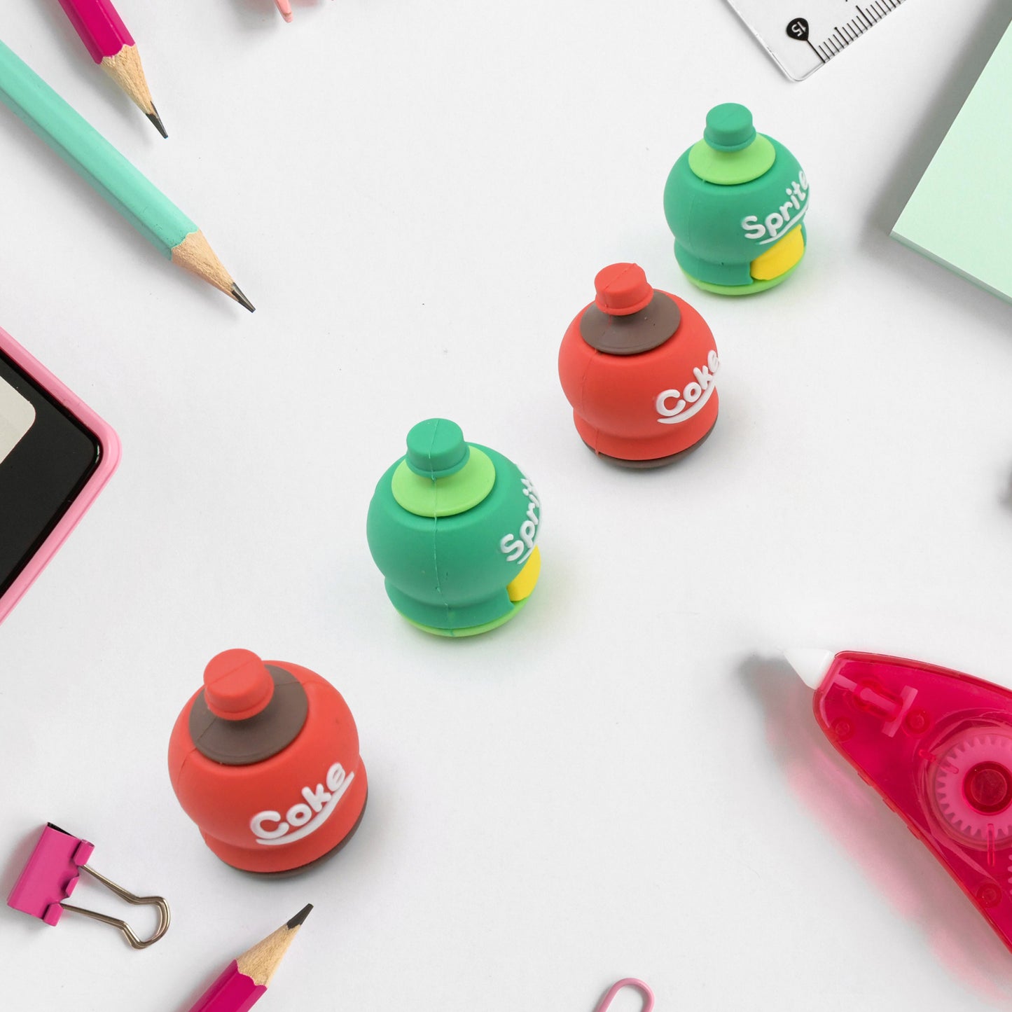 2-in-1 3d Cold Drink Bottle Shape Rubber Pencil Sharpener And Eraser Set Stationery For Kids School Boys Girls Birthday Return Gifts (24 Pcs Set 1 Pc )