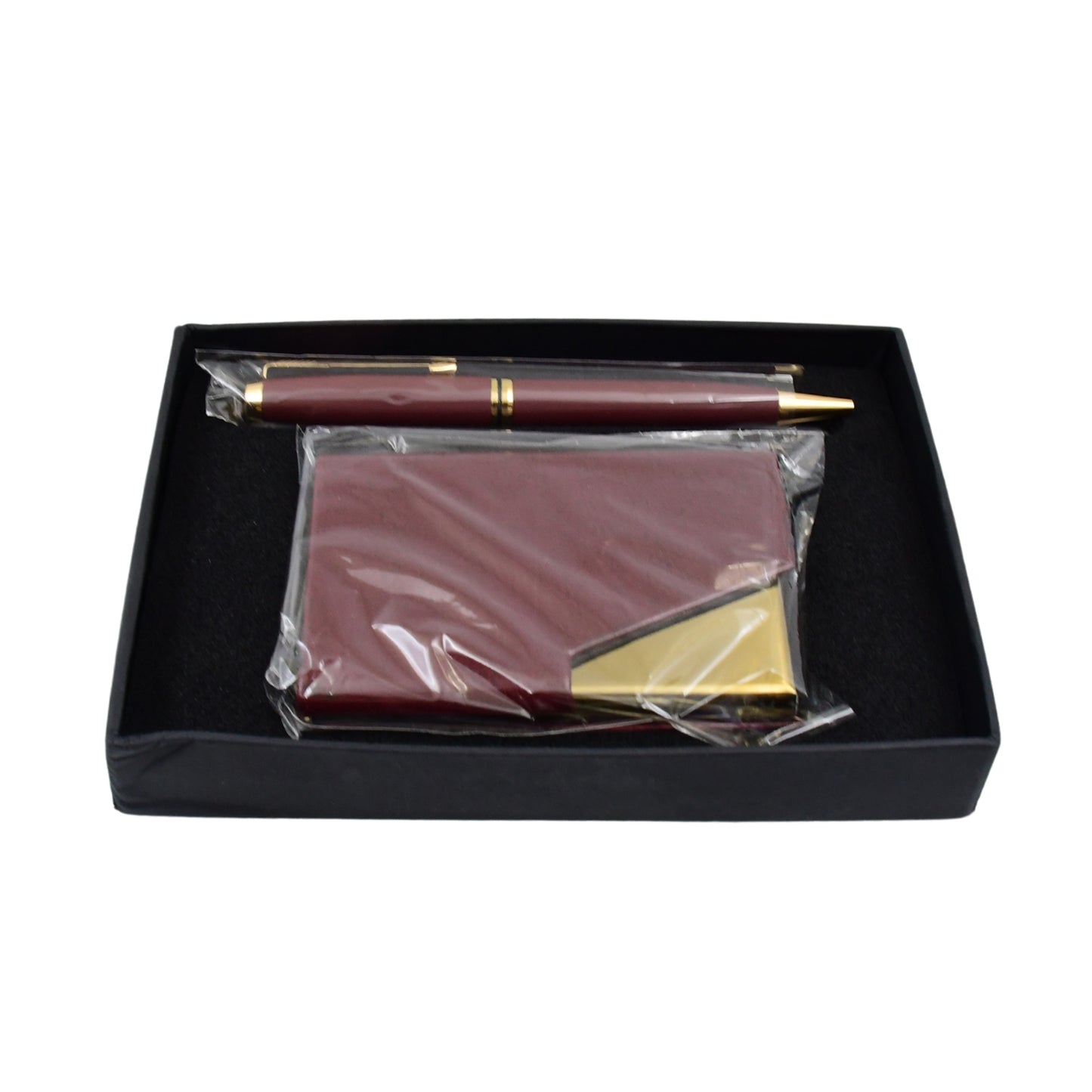 Leather Professional Business Visiting Card Case With Luxury Ballpoint Blue Pens (2 Pc Set With Gift Box)