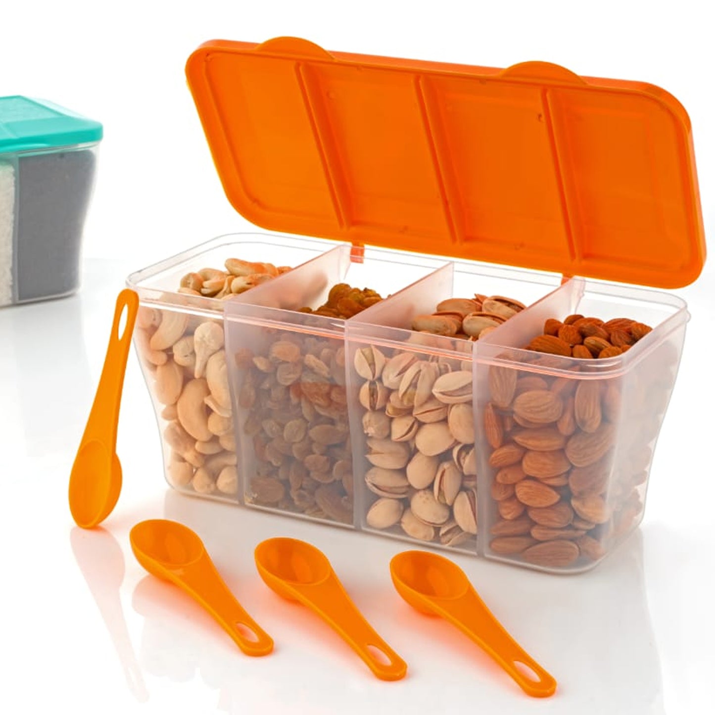 5578 Kitchen Multipurpose Air-tight 4 Sections Storage Containers Pickle (Achar) Jar With 4 Spoon For Each Section (1 Pc Mix Color)