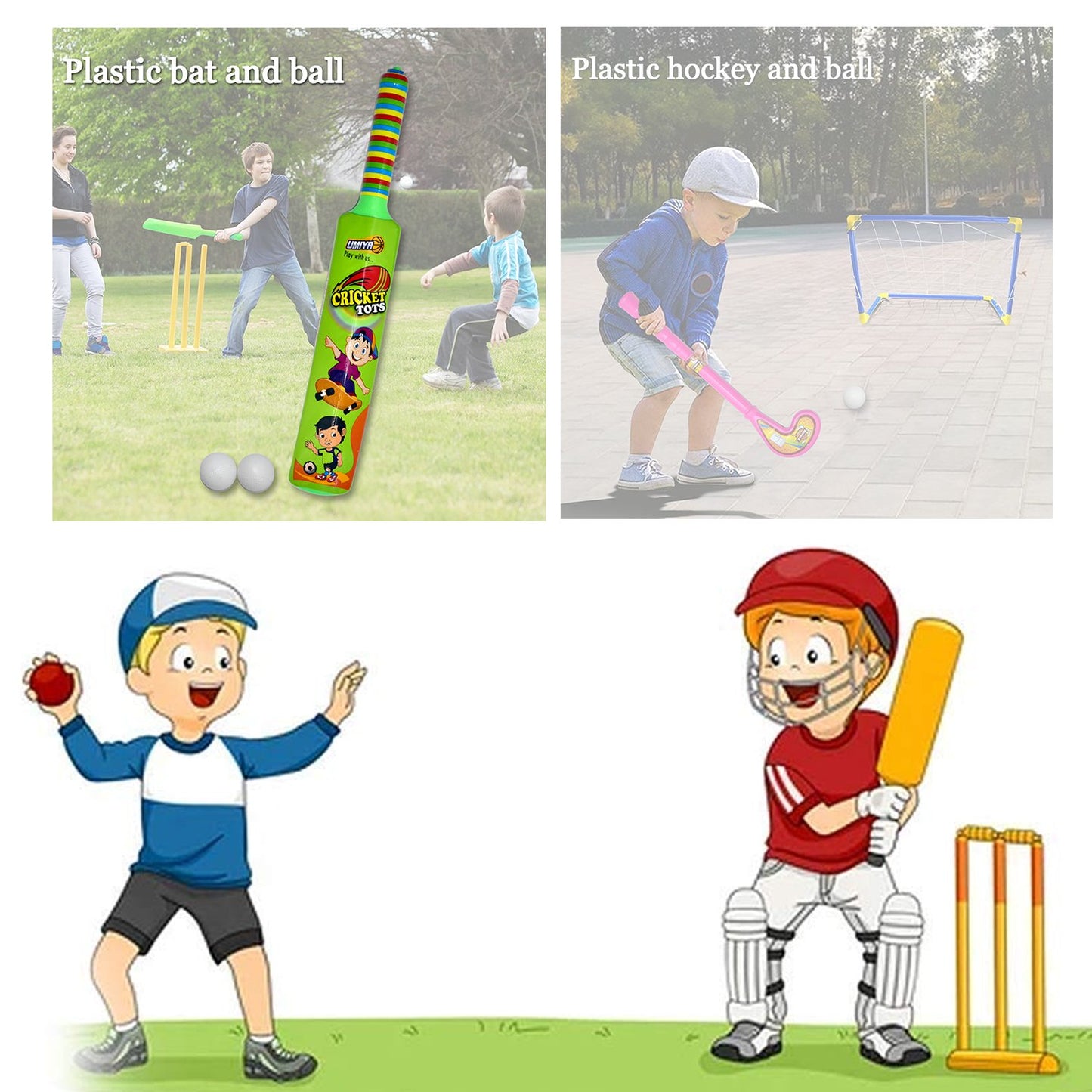 8002 Combo Of Light Weight Plastic Bat Ball Hockey For Kids Boys Indoor Outdoor Play