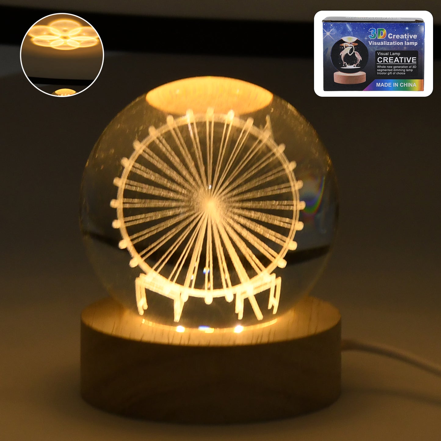 Mela Crystal Ball Night Light Glass Ball Night Lamp With Wood Base
