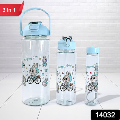 3 In 1 Plastic Water Drinking Bottle With Handle Straw  (3 Pcs Set)