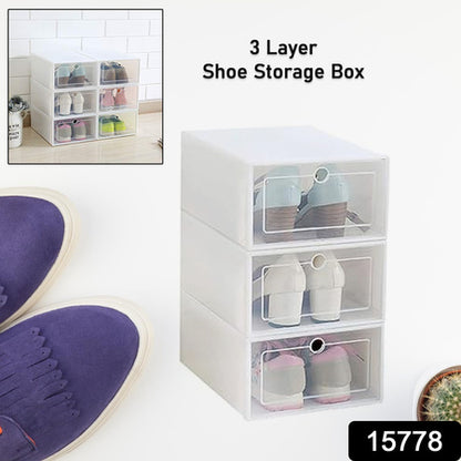 3 Layer Transparent Shoes Storage Box Plastic Stackable Shoe Storage (1 Set  3 Layer)